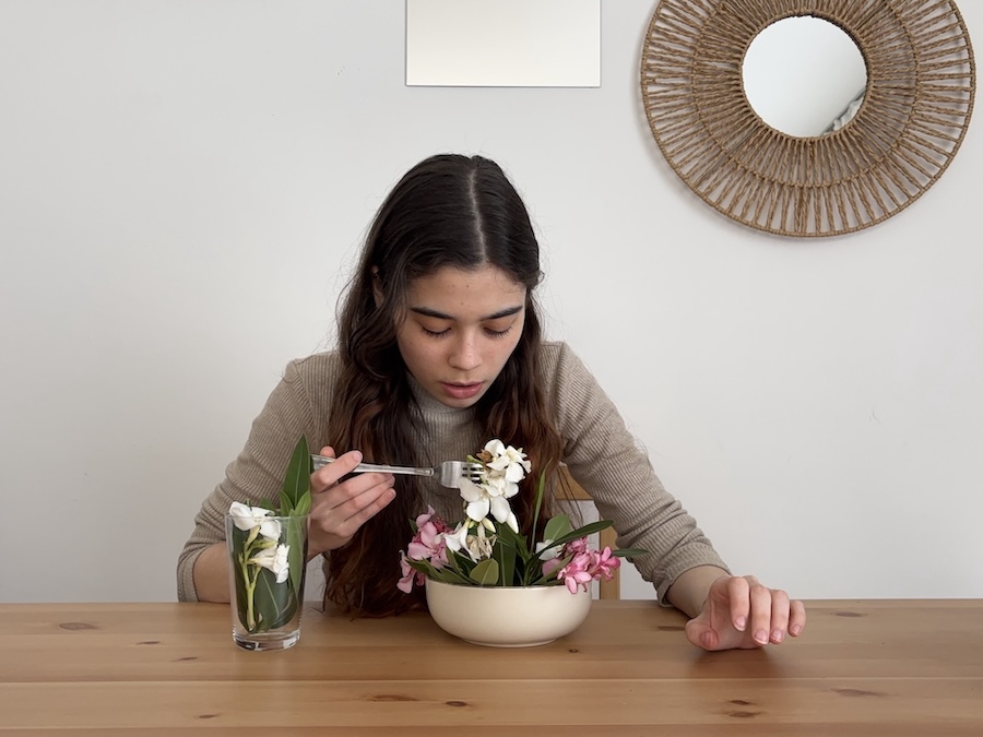 Dancing in my underpants. Picture from the photobook. I seat on the chair eating white and pink oleander flowers from a bowl that stands before me on a dining table